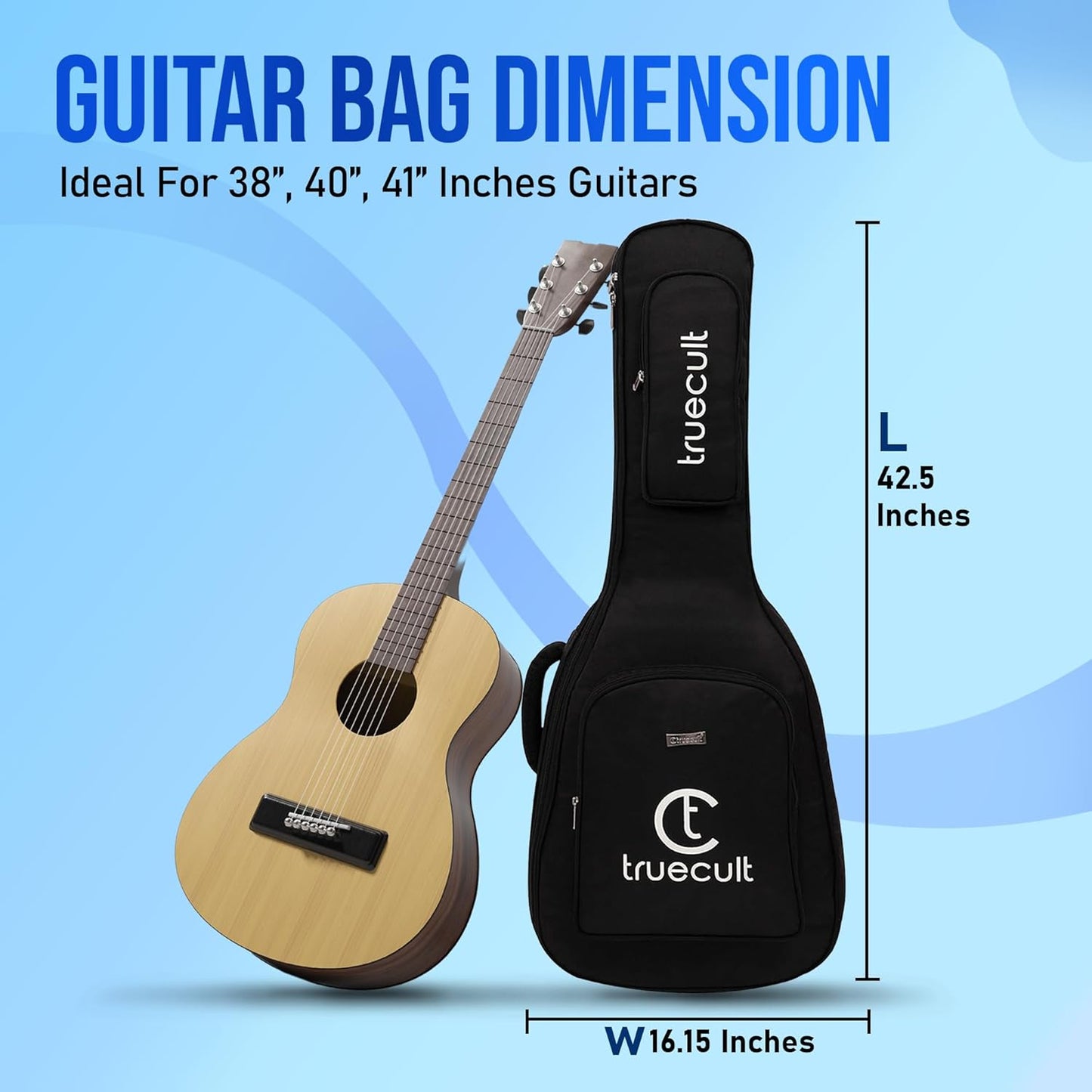 True Cult Acoustic Guitar Bag for 38-42" Guitar | Padded, Adjustable, Double Pocket Travel Gig Case | Black