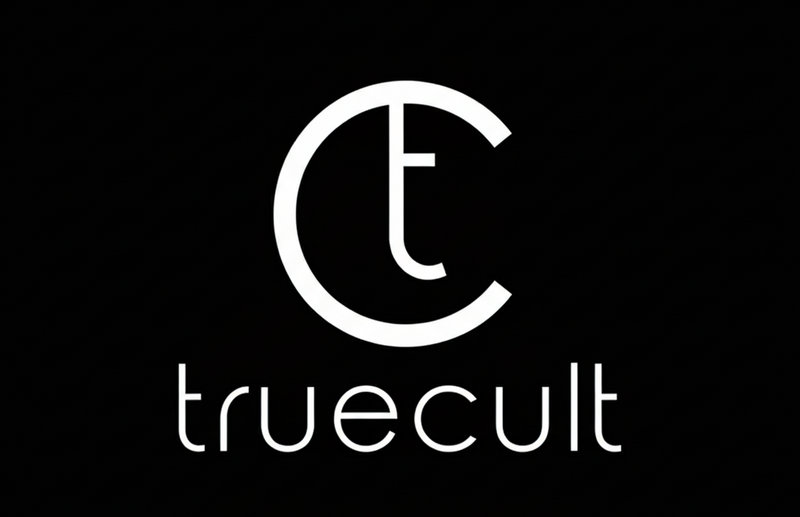 White logo and text 'truecult' on a black background
