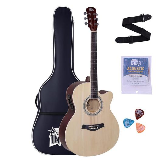 INTERN 40" Electric Acoustic Natural Guitar With EQ, Set Of Strings, Strap, Picks And Bag