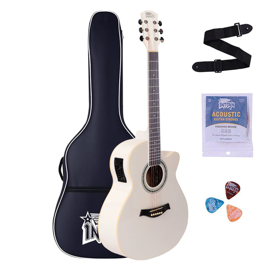 INTERN 40" Electric Acoustic White Guitar With EQ, Set Of Strings, Strap, Picks And Bag