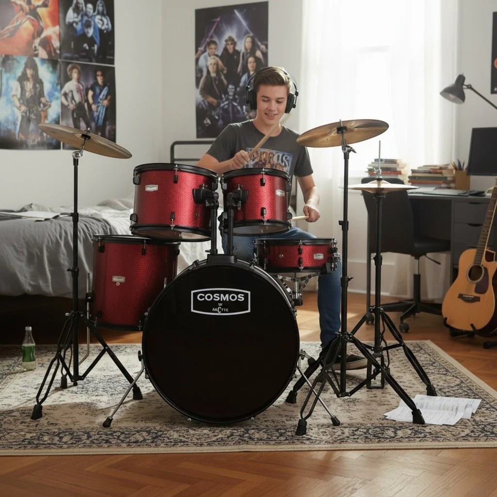 ARCTIC Cosmos 22 Inch 5-Piece Acoustic Drum Set with Cymbals, Hardware, Drum Throne & Drum Sticks - Red