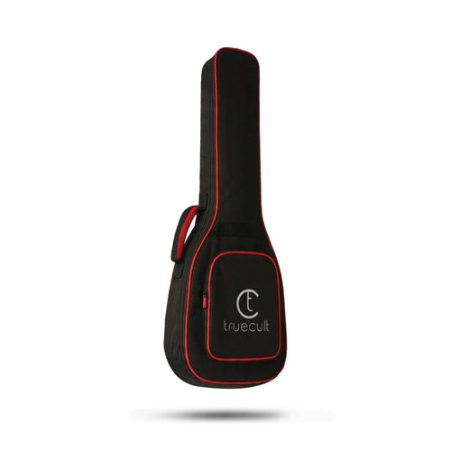 Black guitar case with red trim and 'truecult' logo on a white background
