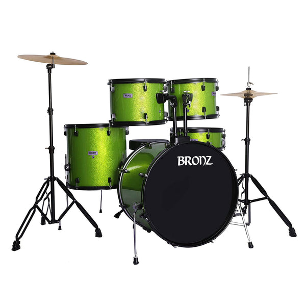 BRONZ Acoustic Drum Kit (Green) - 5 Pc Complete Drum Set with Hardware & Throne