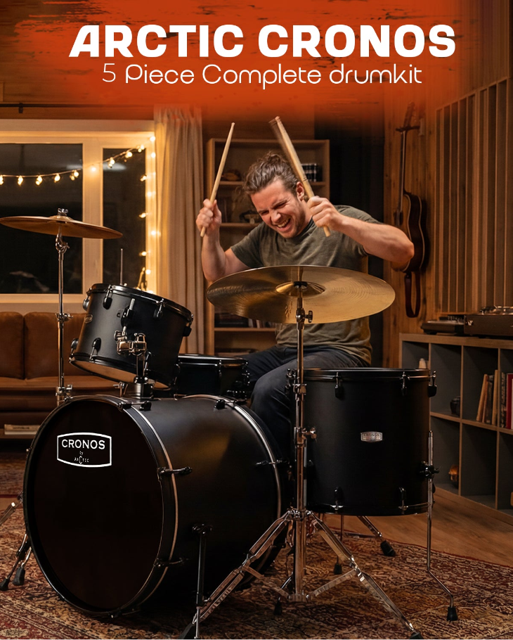 Person playing a drum set with 'Arctic Cronos' branding in a home setting.