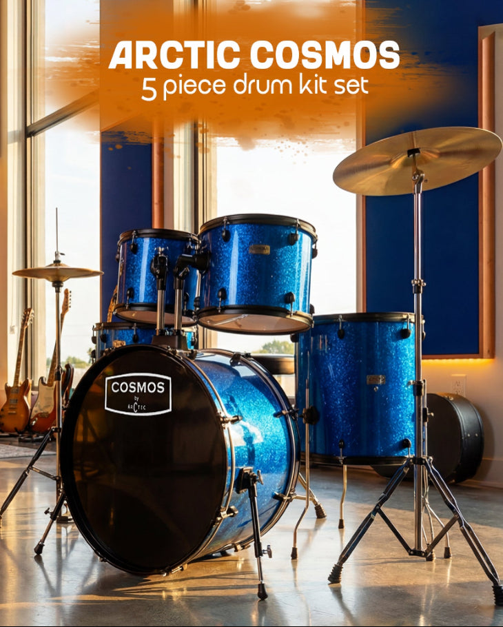 5-piece drum kit set with 'Arctic Cosmos' branding in a room with guitars and a window.