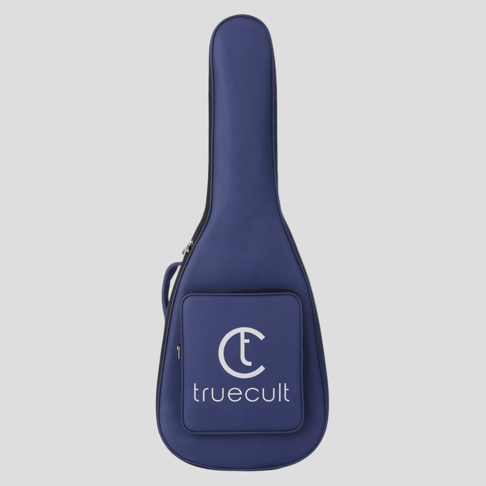 Blue guitar case with 'truecult' logo on a white background