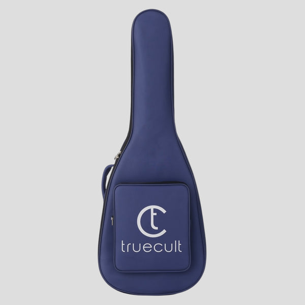 Blue guitar case with 'truecult' logo on a white background