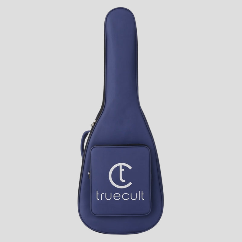 Blue guitar case with 'truecult' logo on a white background