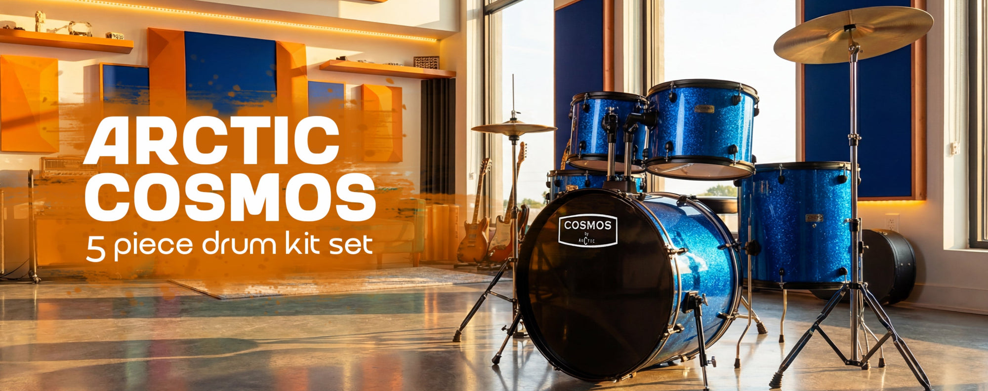 5-piece drum kit set with 'Arctic Cosmos' branding in a modern room.