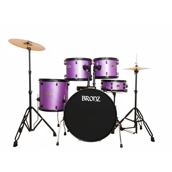 BRONZ Acoustic Drum Kit (Purple) - 5 Pc Complete Drum Set with Hardware & Throne