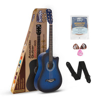 Blue acoustic guitar with accessories including a strap, strings, and picks on a white background
