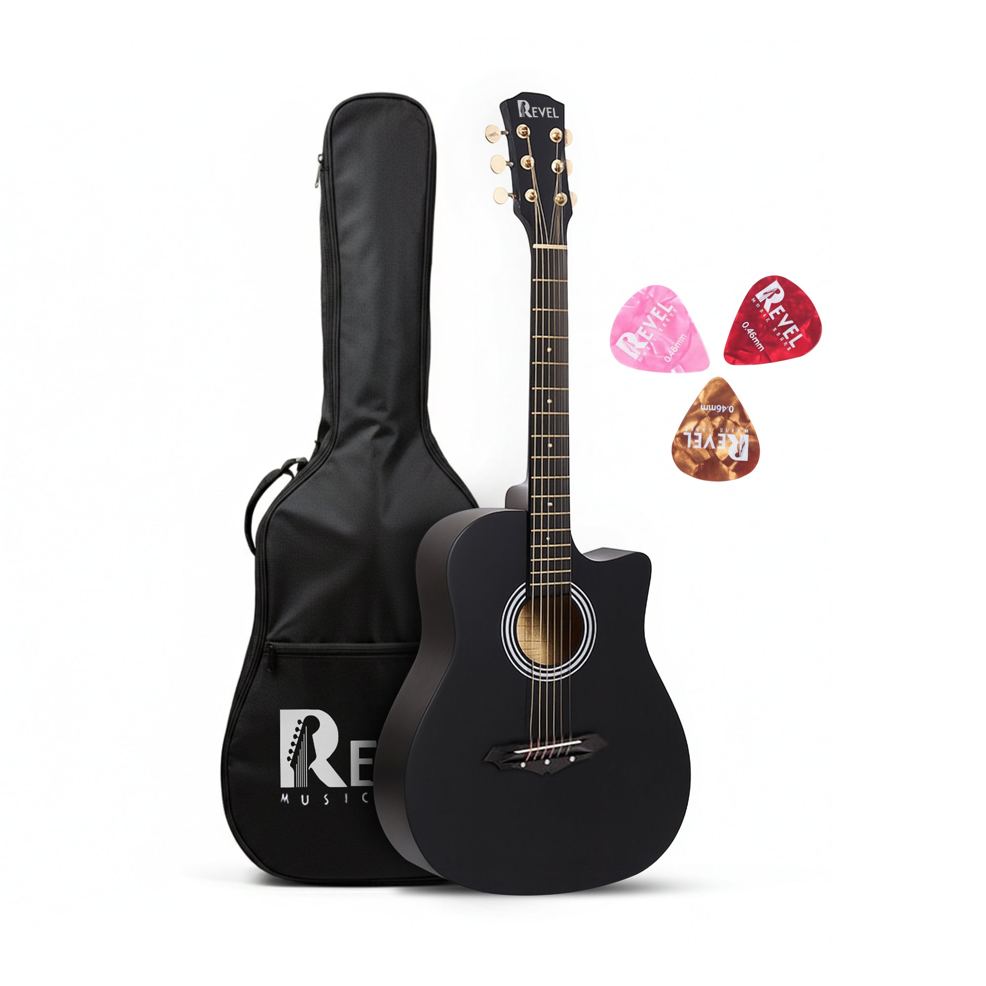 Revel 38" Cutaway Acoustic Guitar – Matte Black | Carry Bag, Picks & String Winder