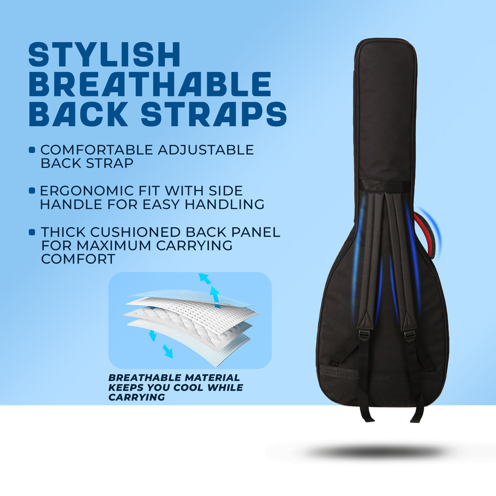 Black guitar gig bag with breathable back straps, shown on a light blue background with promotional text and a small inset diagram illustrating the breathable material.