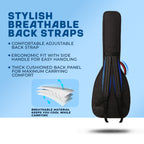 Black guitar gig bag with breathable back straps, shown on a light blue background with promotional text and a small inset diagram illustrating the breathable material.