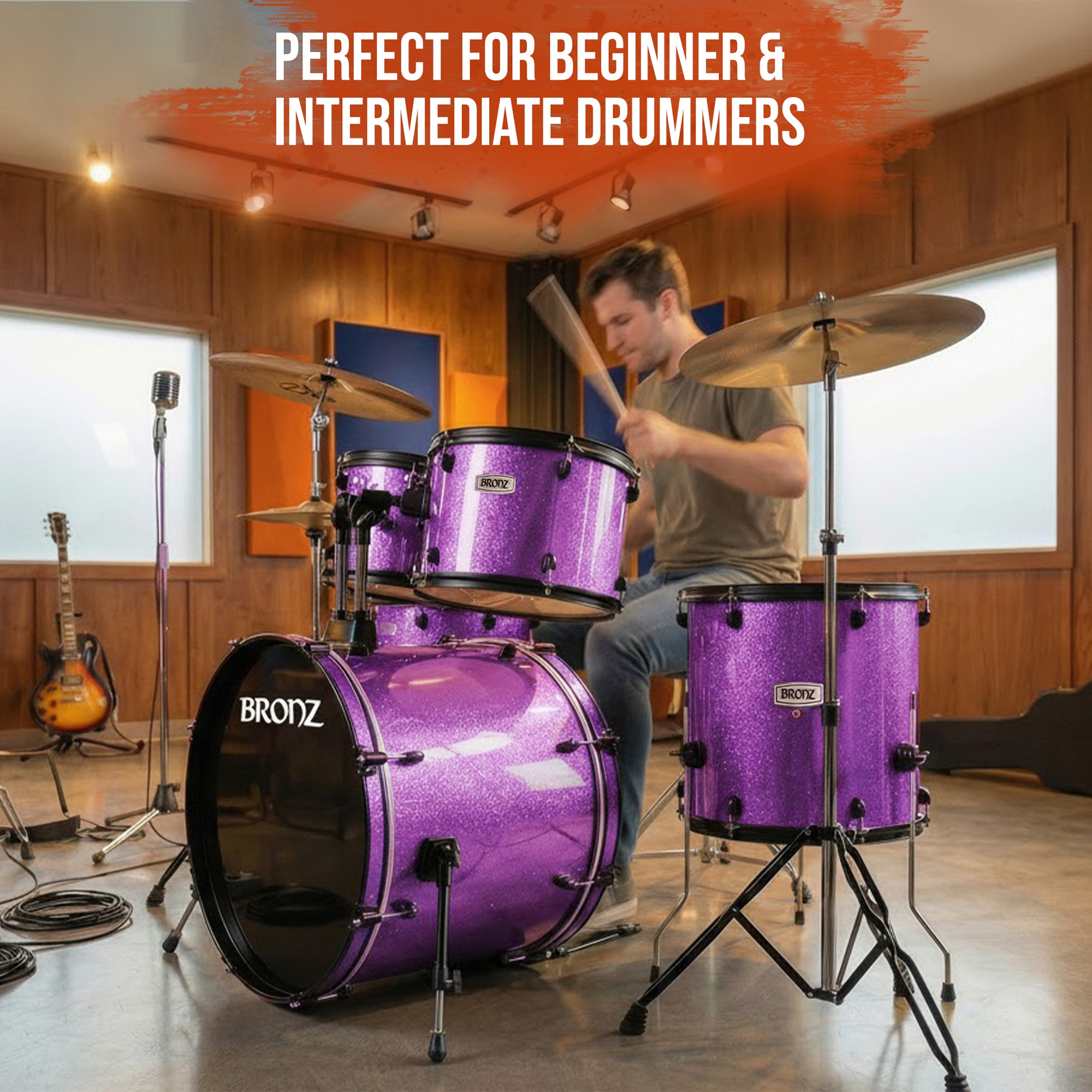 BRONZ Acoustic Drum Kit (Purple) - 5 Pc Complete Drum Set with Hardware & Throne