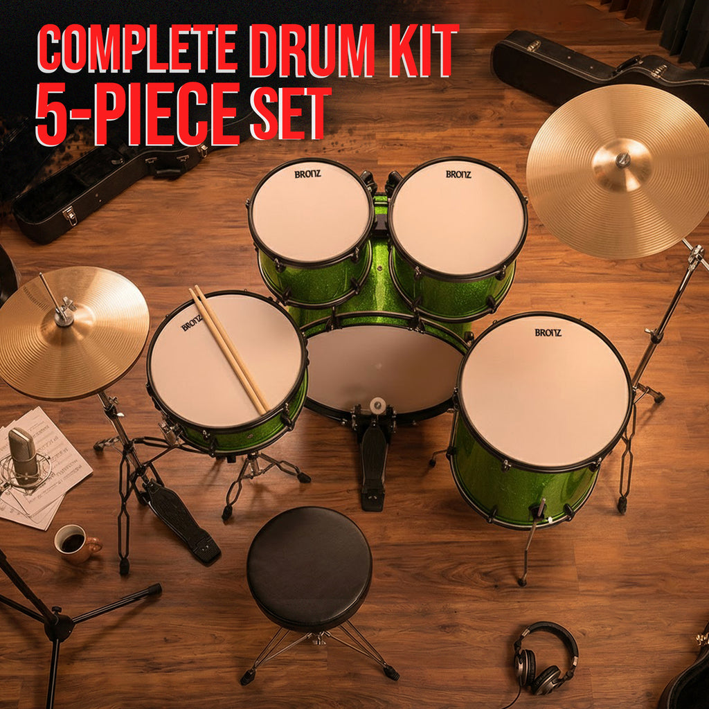 BRONZ 22 Inch 5-Piece Acoustic Drum Set with Cymbals, Hardware, Drum Throne & Drum Sticks - Green