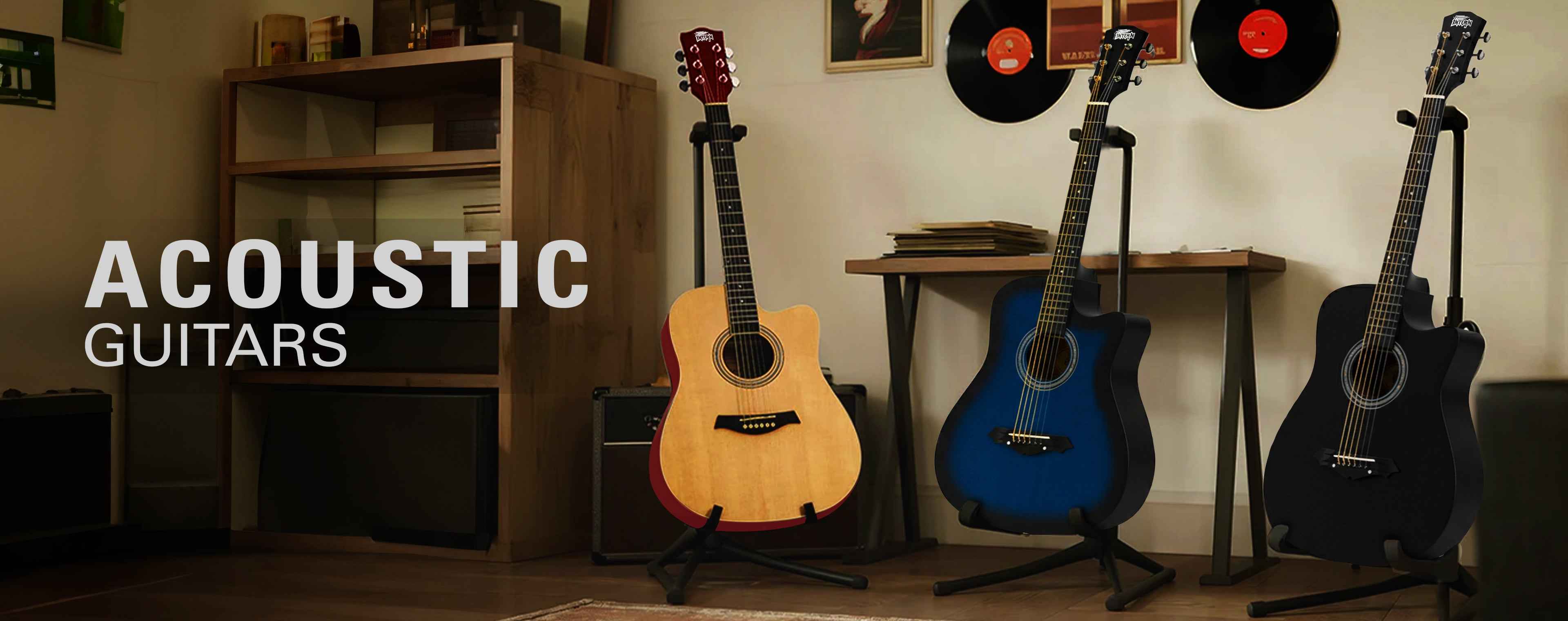 Three acoustic guitars on stands with a shelf and records in the background, labeled 'Acoustic Guitars'.