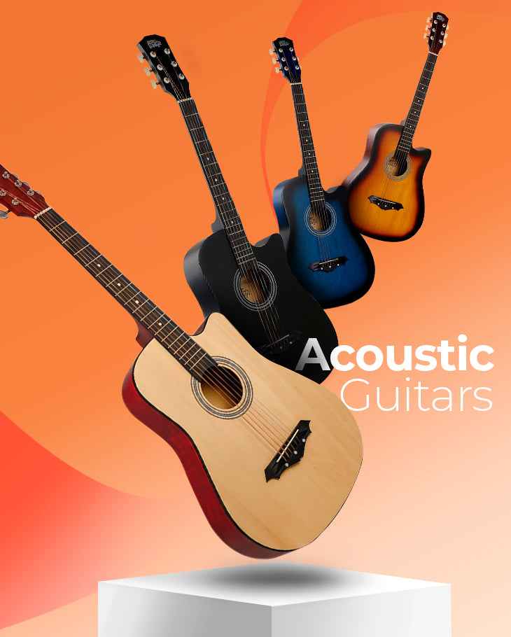 Three acoustic guitars on a stand with an orange gradient background and 'Acoustic Guitars' text.