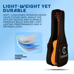Guitar case with TrueCult branding on a blue background, highlighting padding and durability.
