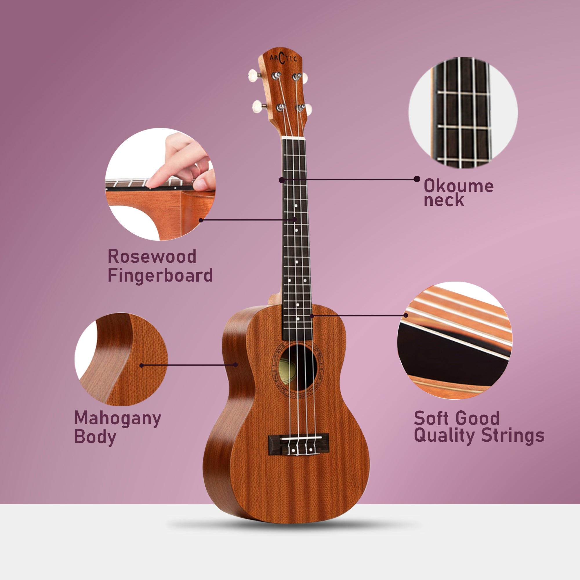 Arctic 24 Inch Soprano Ukulele with Bag & Strings