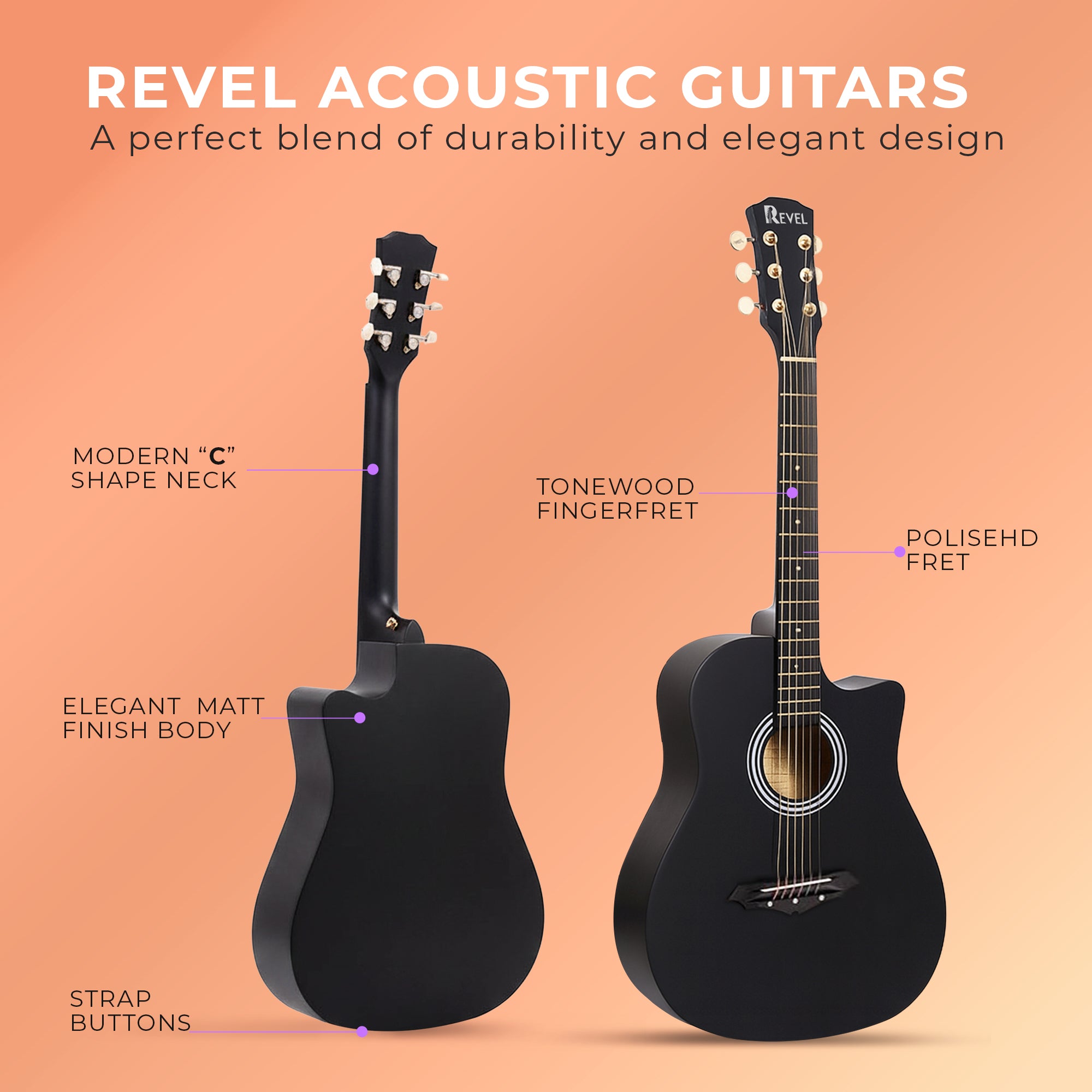Revel 38" Cutaway Acoustic Guitar – Matte Black | Carry Bag, Picks & String Winder