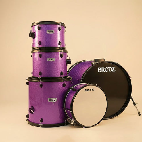 BRONZ Acoustic Drum Kit (Purple) - 5 Pc Complete Drum Set with Hardware & Throne