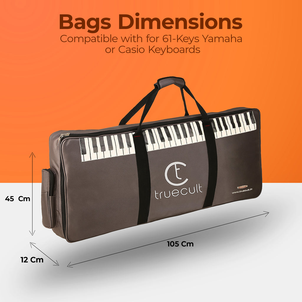 Keyboard bag with dimensions and compatibility information on an orange background