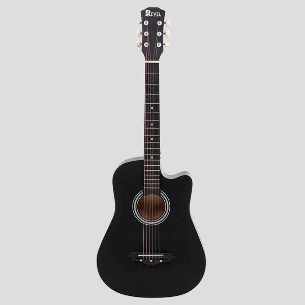 Black acoustic guitar with cutaway design on a white background