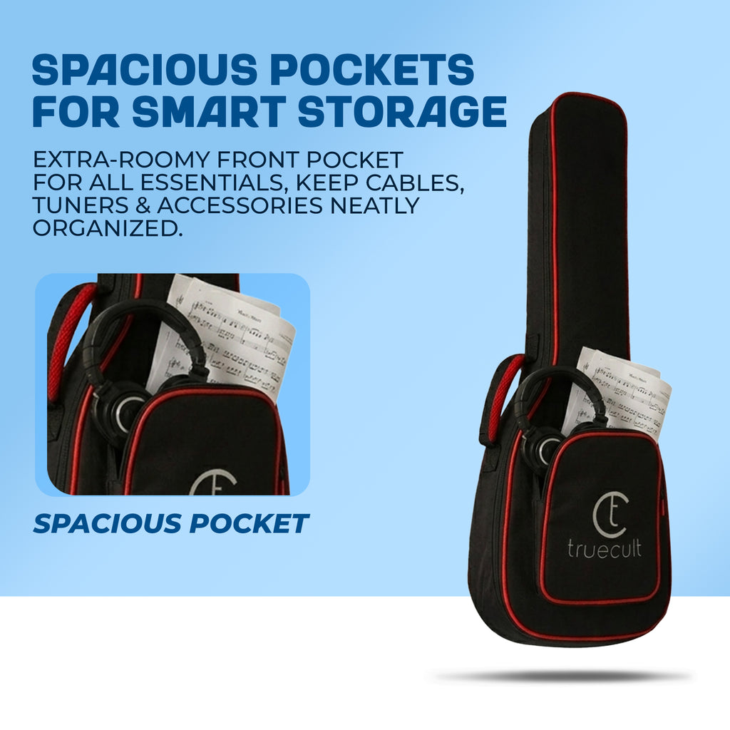 Black guitar case with red trim featuring a spacious pocket on a blue background, displaying text about storage capacity.