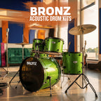 BRONZ 22 Inch 5-Piece Acoustic Drum Set with Cymbals, Hardware, Drum Throne & Drum Sticks - Green