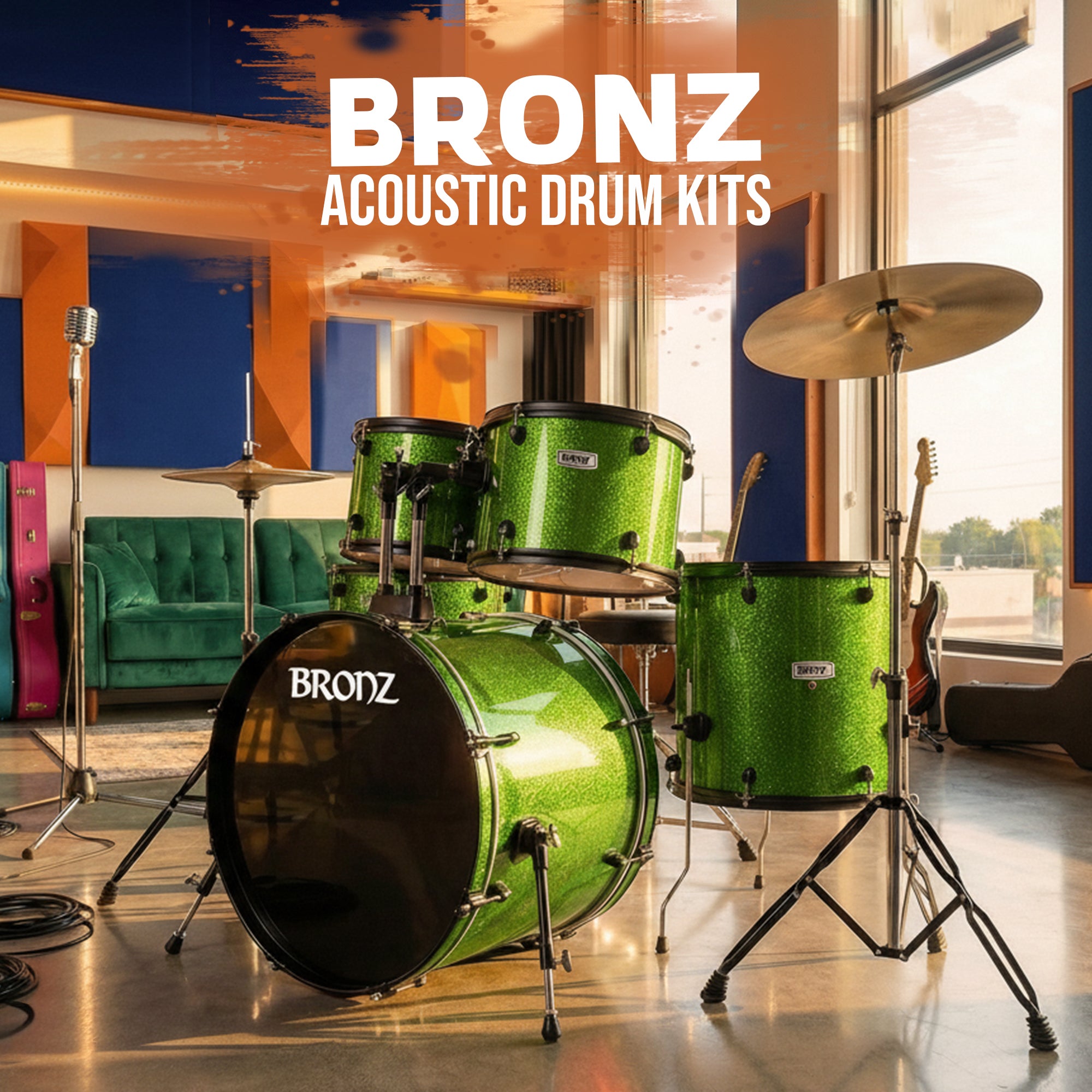 BRONZ Acoustic Drum Kit (Green) - 5 Pc Complete Drum Set with Hardware & Throne
