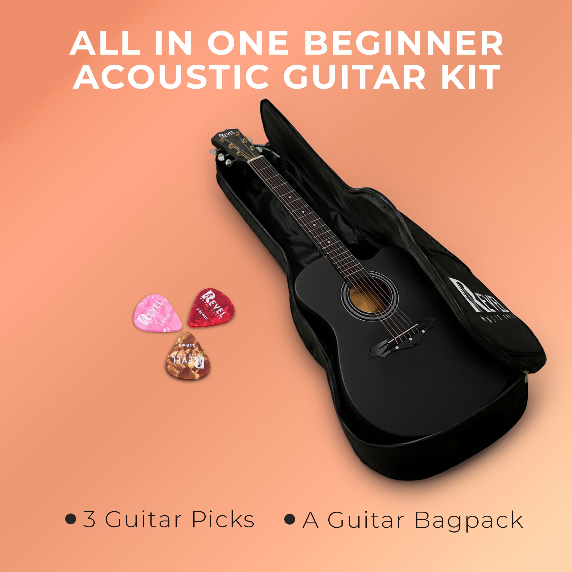 Revel 38" Cutaway Acoustic Guitar – Matte Black | Carry Bag, Picks & String Winder