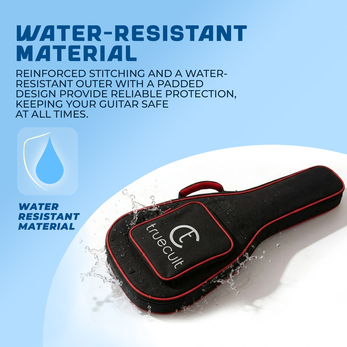 Guitar case with water-resistant material on a blue background
