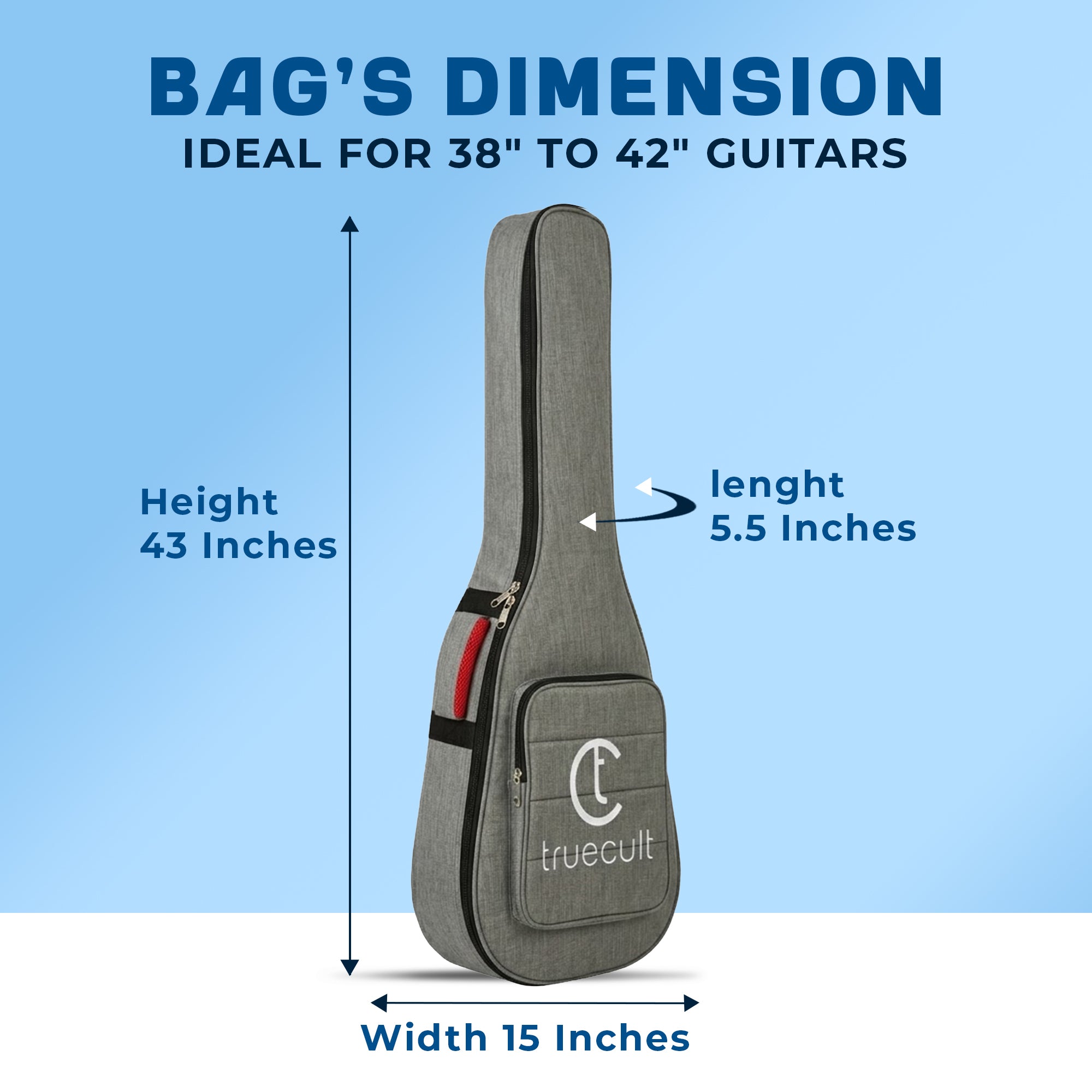 True Cult Acoustic Guitar Bag for 38-42" Guitar | Padded, Waterproof, Lightweight Travel Gig Case | Grey