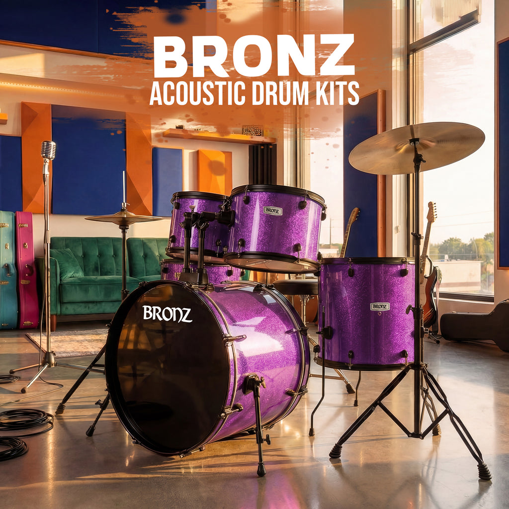 BRONZ Acoustic Drum Kit (Purple) - 5 Pc Complete Drum Set with Hardware & Throne