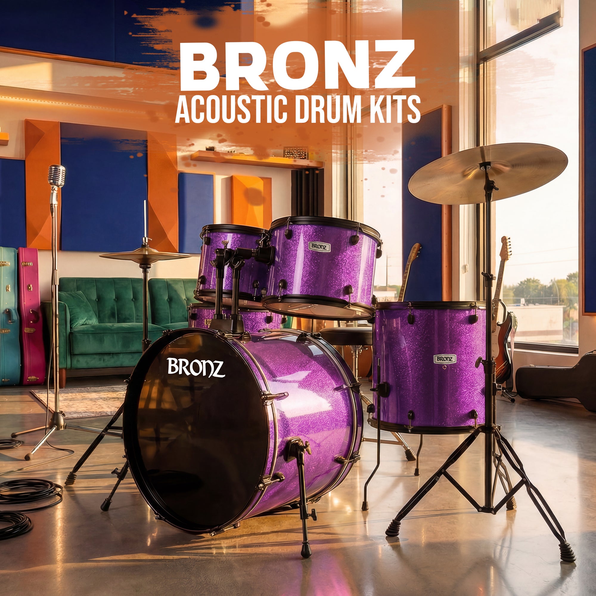 BRONZ Acoustic Drum Kit (Purple) - 5 Pc Complete Drum Set with Hardware & Throne