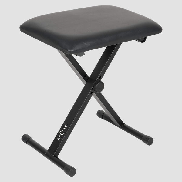 Black padded X-style adjustable keyboard bench with tubular metal frame and ARCTIC logo on leg.