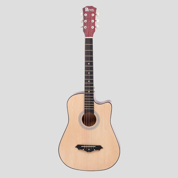 Acoustic guitar with a cutaway design on a white background