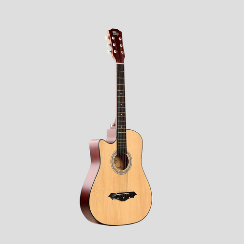 Acoustic guitar with a wooden body and dark brown neck on a white background