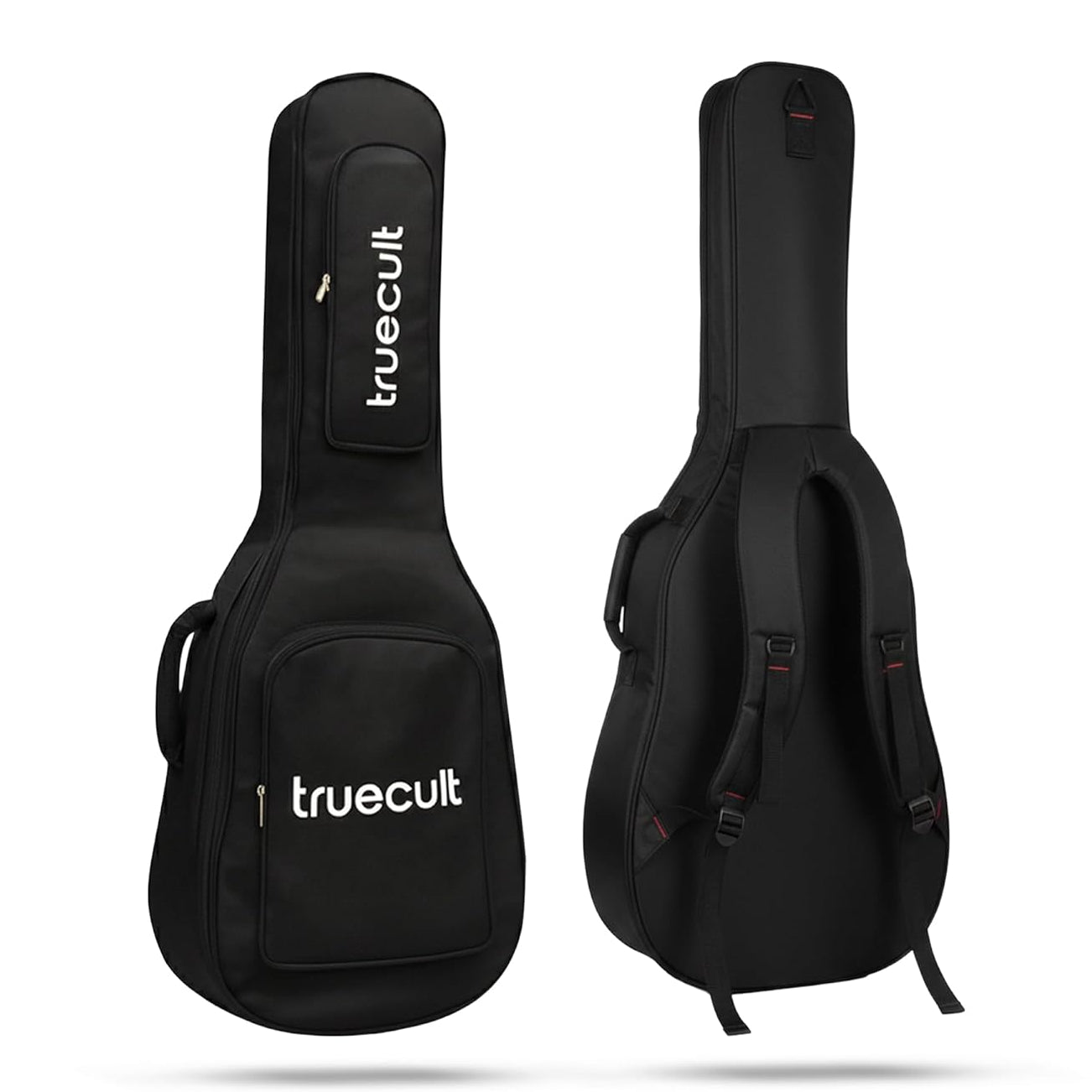 Black guitar case with 'truecult' branding on a white background