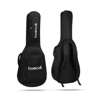 Black guitar case with 'truecult' branding on a white background