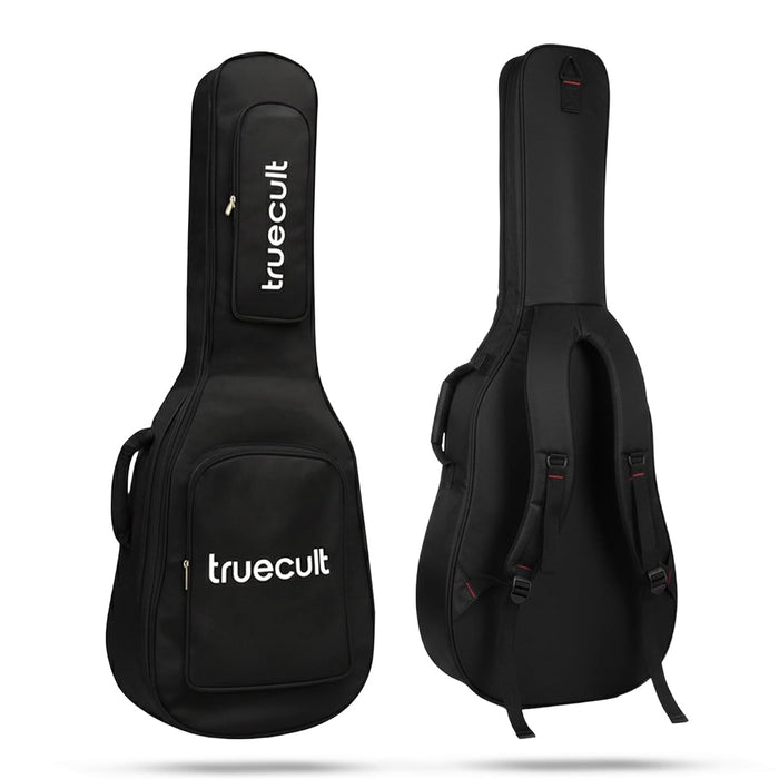 Black guitar case with 'truecult' branding on a white background