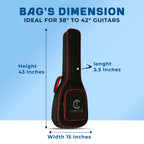 Guitar bag with dimensions labeled on a blue background