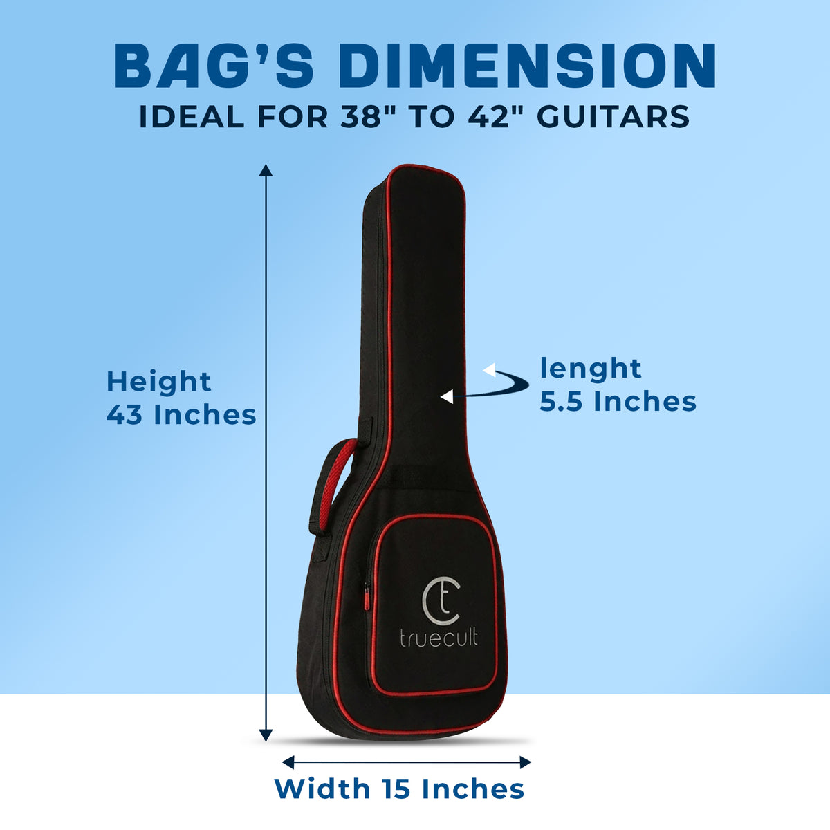 Guitar bag with dimensions labeled on a blue background