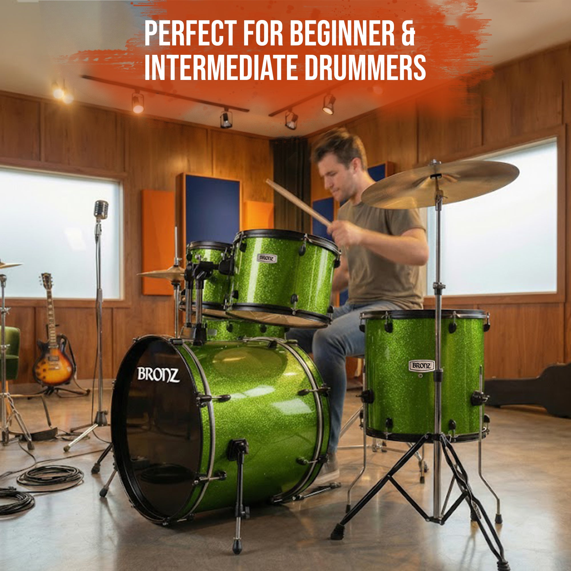 BRONZ Acoustic Drum Kit (Green) - 5 Pc Complete Drum Set with Hardware & Throne