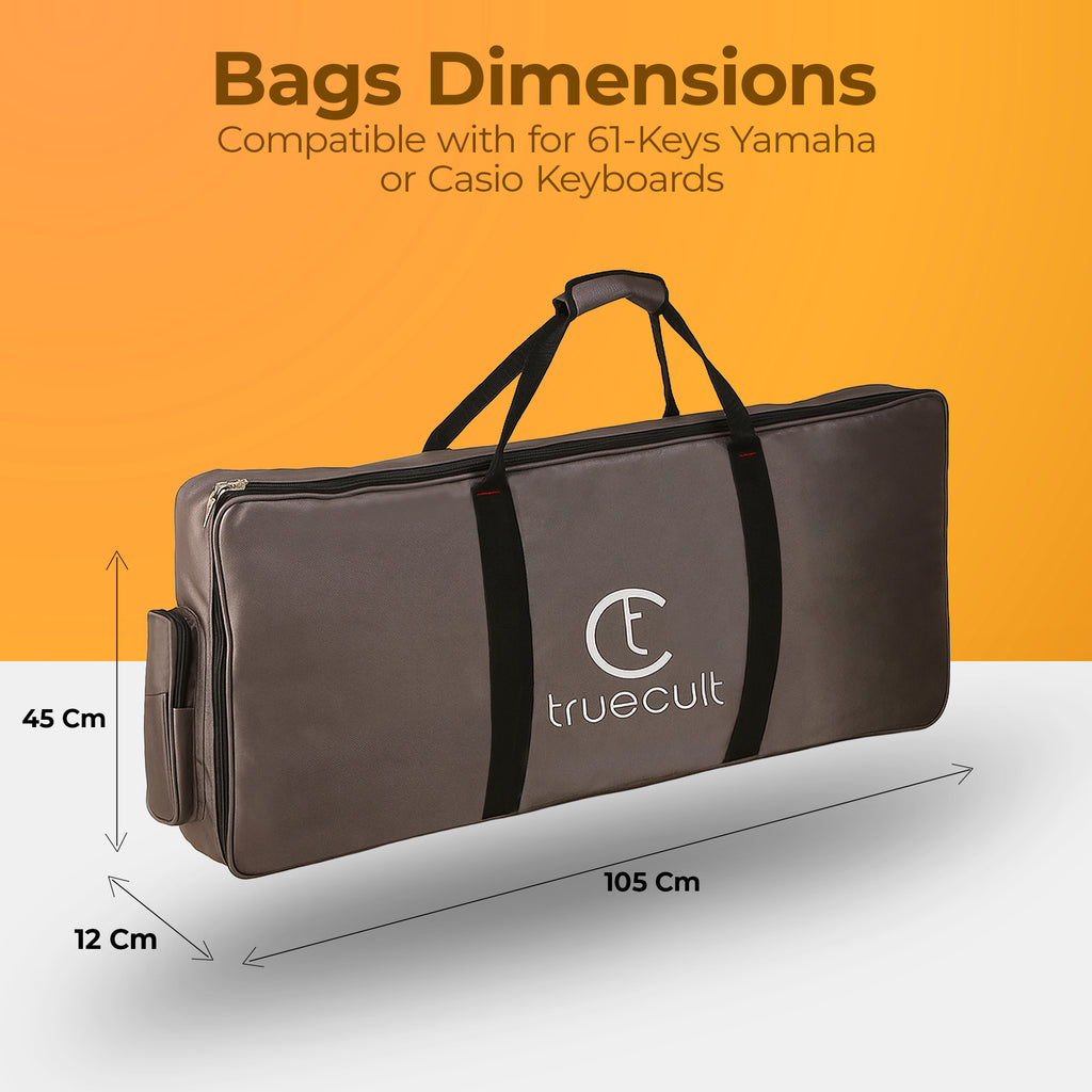 Keyboard bag with dimensions and compatibility information on an orange background