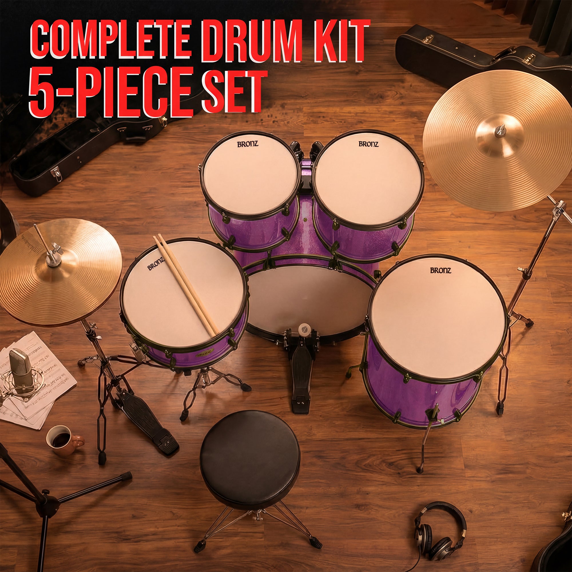 BRONZ Acoustic Drum Kit (Purple) - 5 Pc Complete Drum Set with Hardware & Throne