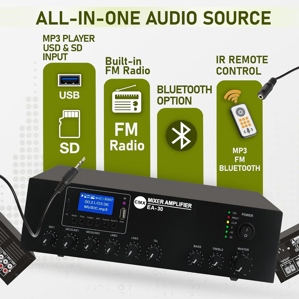 30W Compact Mixer Amplifier with USB/SD/FM/Bluetooth | EA-30