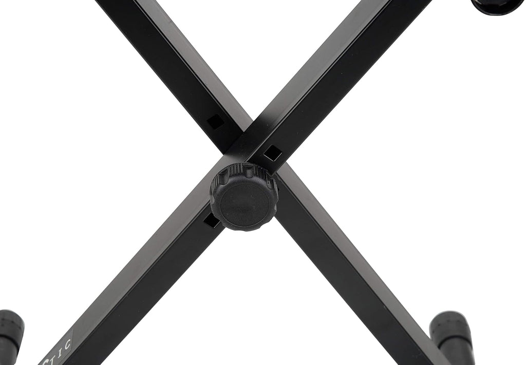 Close-up of black heavy-duty X-style adjustable keyboard stand with locking knob and sturdy metal construction.