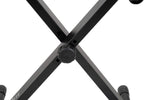 Close-up of black heavy-duty X-style adjustable keyboard stand with locking knob and sturdy metal construction.